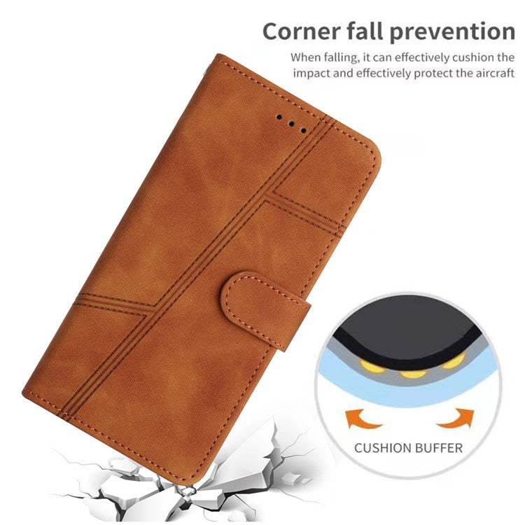 For Google Pixel 6 Pro 5G Imprinted Line Skin-touch PU Leather Phone Shell Wallet Stand Anti-drop Cover - Brown
