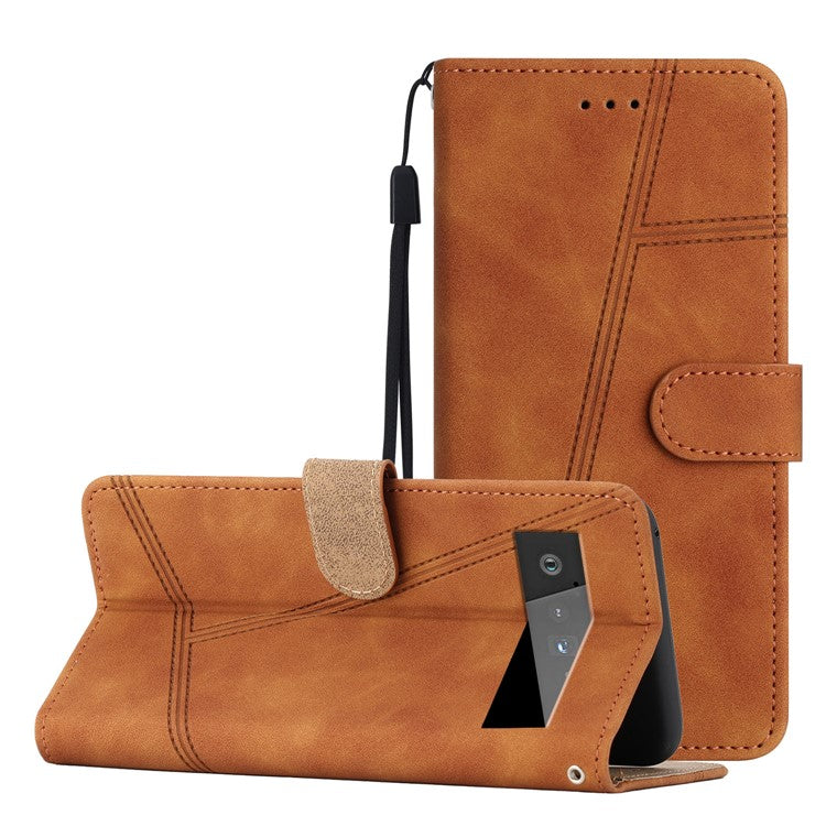 For Google Pixel 6 Pro 5G Imprinted Line Skin-touch PU Leather Phone Shell Wallet Stand Anti-drop Cover - Brown