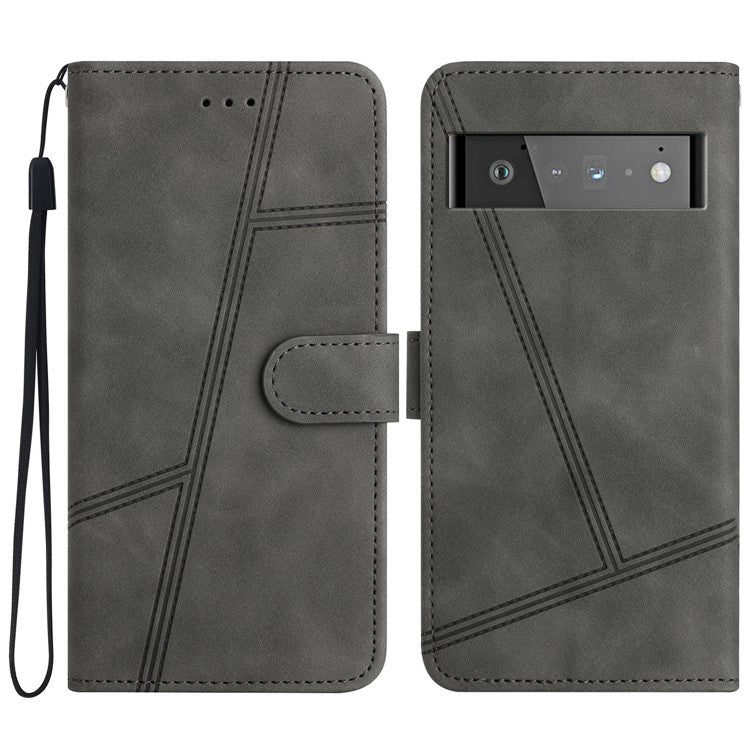 For Google Pixel 6 Pro 5G Imprinted Line Skin-touch PU Leather Phone Shell Wallet Stand Anti-drop Cover - Grey