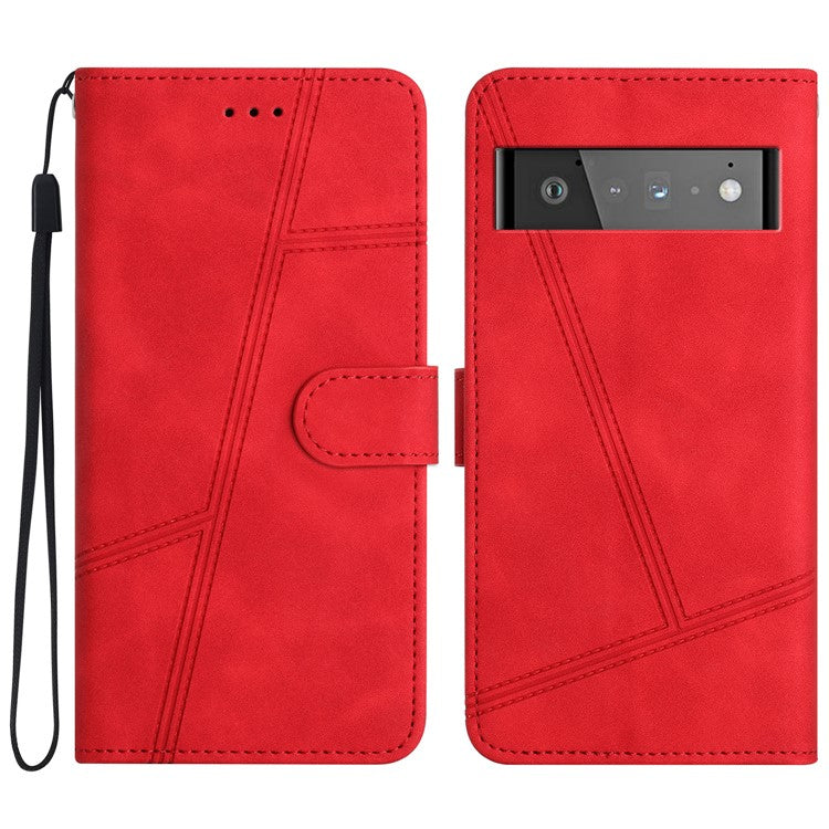 For Google Pixel 6 Pro 5G Imprinted Line Skin-touch PU Leather Phone Shell Wallet Stand Anti-drop Cover - Red