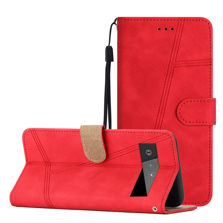 For Google Pixel 6 Pro 5G Imprinted Line Skin-touch PU Leather Phone Shell Wallet Stand Anti-drop Cover - Red