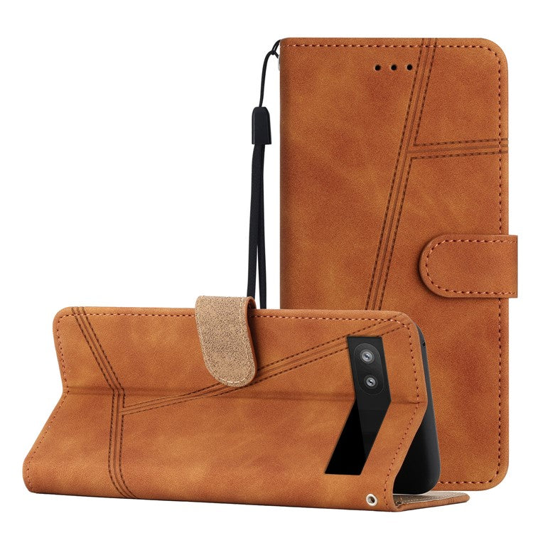 For Google Pixel 6a Skin-touch PU Leather Imprinted Line Phone Shell Wallet Protective Stand Cover - Brown