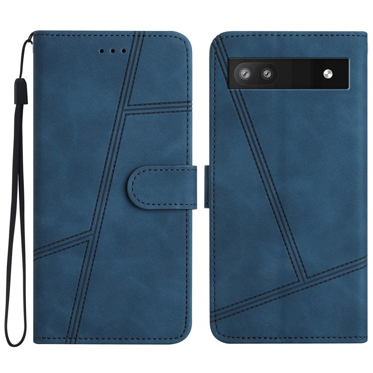 For Google Pixel 6a Skin-touch PU Leather Imprinted Line Phone Shell Wallet Protective Stand Cover - Blue