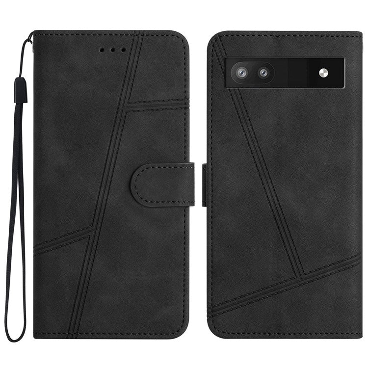 For Google Pixel 6a Skin-touch PU Leather Imprinted Line Phone Shell Wallet Protective Stand Cover - Black