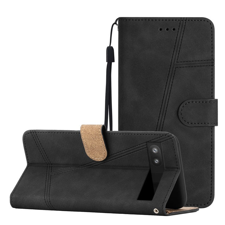 For Google Pixel 6a Skin-touch PU Leather Imprinted Line Phone Shell Wallet Protective Stand Cover - Black