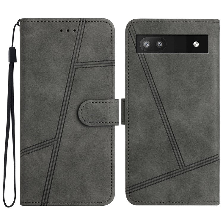 For Google Pixel 6a Skin-touch PU Leather Imprinted Line Phone Shell Wallet Protective Stand Cover - Grey