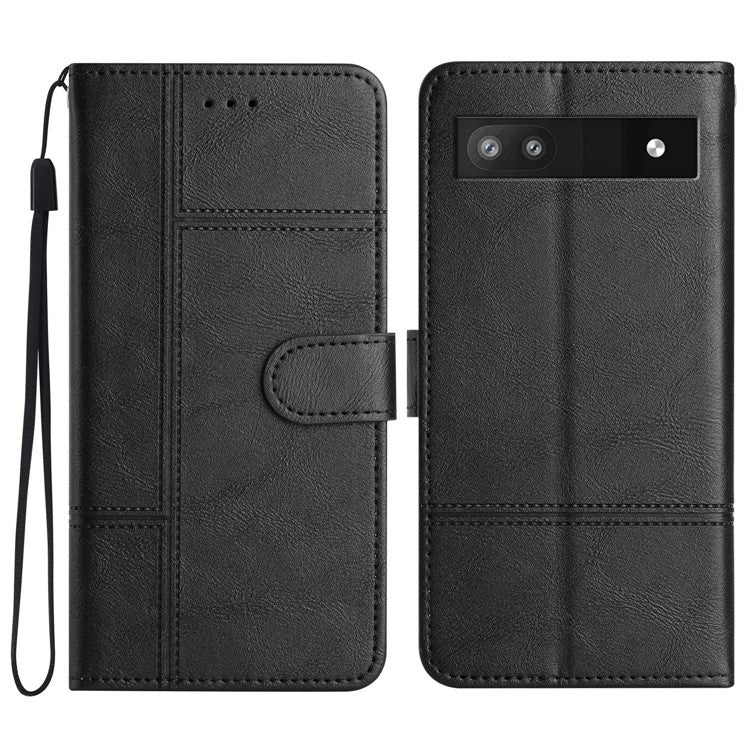 For Google Pixel 7a PU Leather Cowhide Texture Business Cover Line Imprinted Stand Wallet Phone Case with Strap - Black