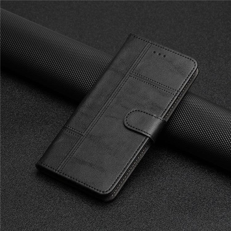 For Google Pixel 7a PU Leather Cowhide Texture Business Cover Line Imprinted Stand Wallet Phone Case with Strap - Black