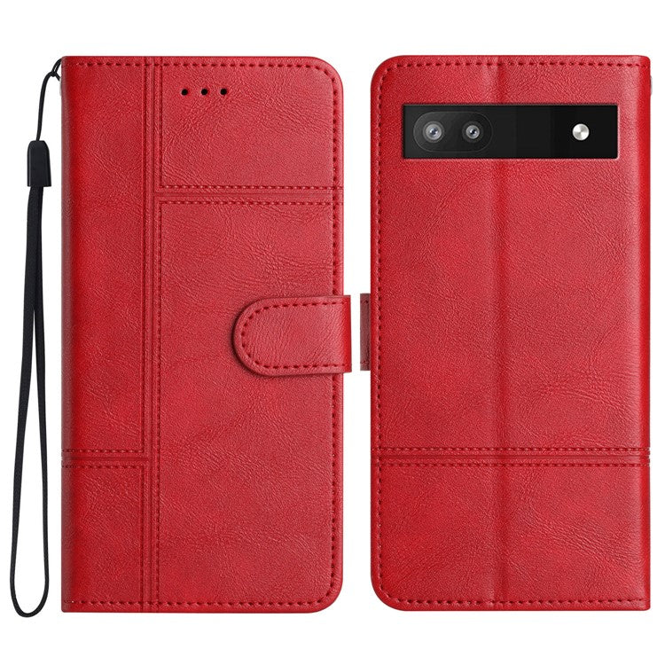 For Google Pixel 7a PU Leather Cowhide Texture Business Cover Line Imprinted Stand Wallet Phone Case with Strap - Red