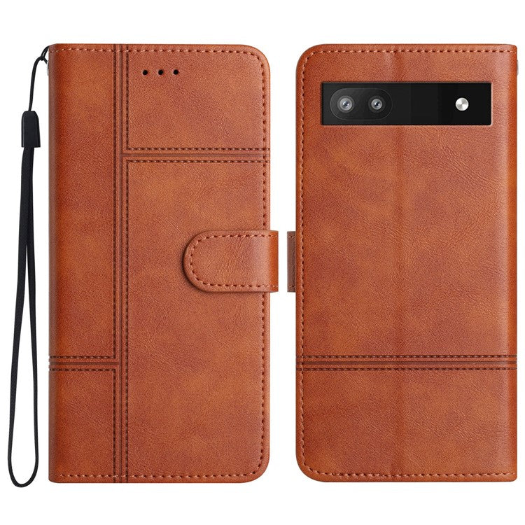 For Google Pixel 7a PU Leather Cowhide Texture Business Cover Line Imprinted Stand Wallet Phone Case with Strap - Brown