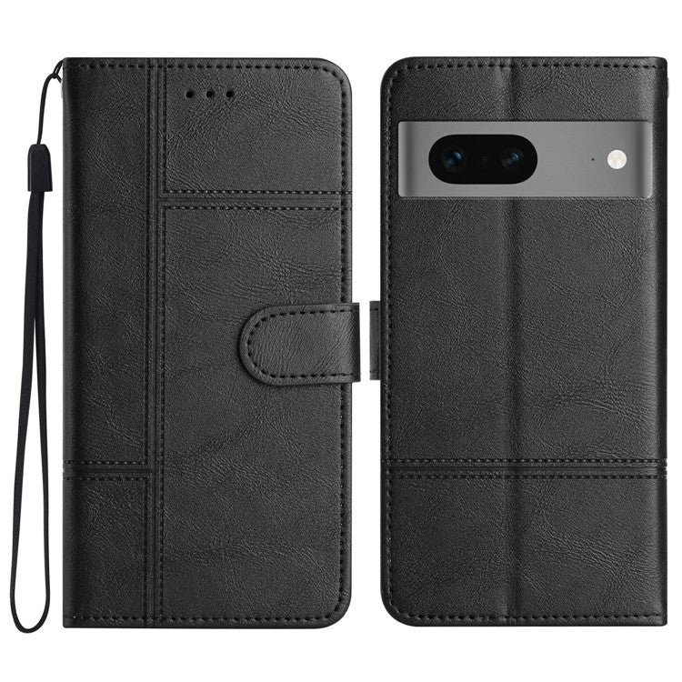 For Google Pixel 7 5G PU Leather Wallet Stand Cover Line Imprinted Cowhide Texture Business Phone Case - Black
