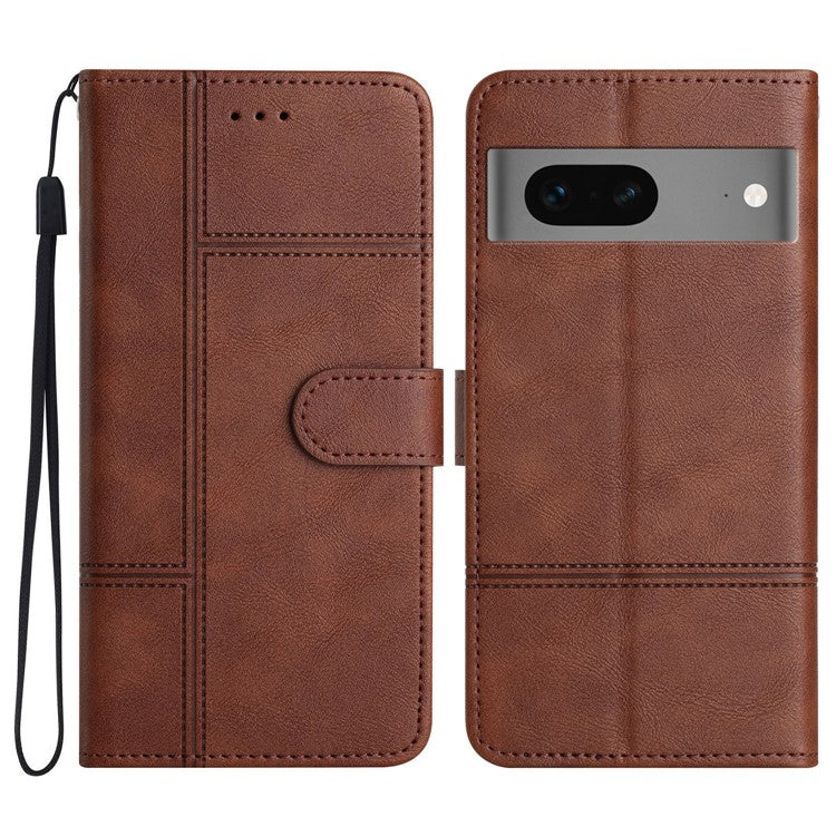 For Google Pixel 7 5G PU Leather Wallet Stand Cover Line Imprinted Cowhide Texture Business Phone Case - Coffee