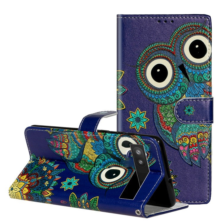 For Google Pixel 7a PU Leather Flip Phone Case Stand Pattern Printing Wallet Cover with Strap - Owl