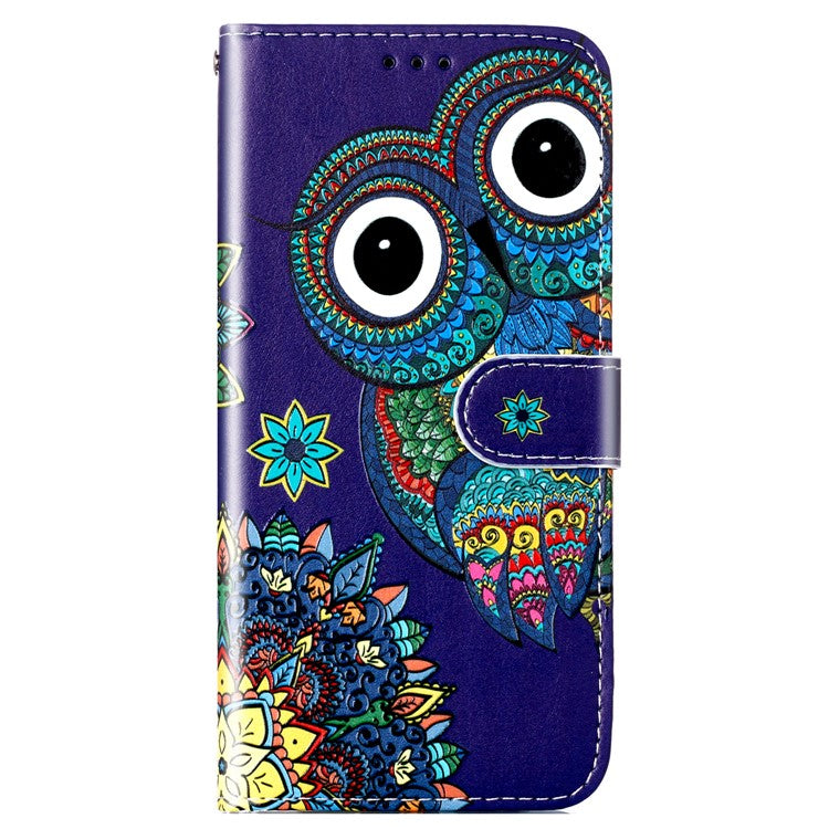 For Google Pixel 7a PU Leather Flip Phone Case Stand Pattern Printing Wallet Cover with Strap - Owl