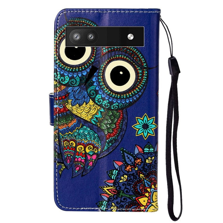 For Google Pixel 7a PU Leather Flip Phone Case Stand Pattern Printing Wallet Cover with Strap - Owl
