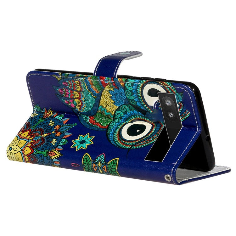 For Google Pixel 7a PU Leather Flip Phone Case Stand Pattern Printing Wallet Cover with Strap - Owl