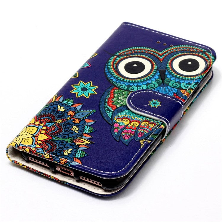 For Google Pixel 7a PU Leather Flip Phone Case Stand Pattern Printing Wallet Cover with Strap - Owl