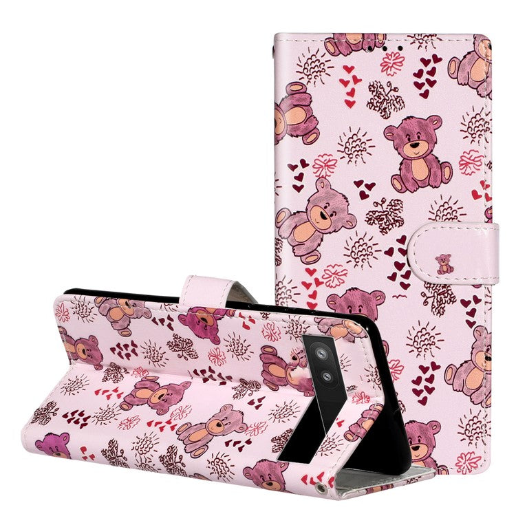 For Google Pixel 7a PU Leather Flip Phone Case Stand Pattern Printing Wallet Cover with Strap - Bear