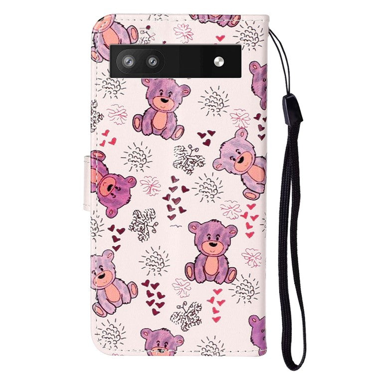 For Google Pixel 7a PU Leather Flip Phone Case Stand Pattern Printing Wallet Cover with Strap - Bear