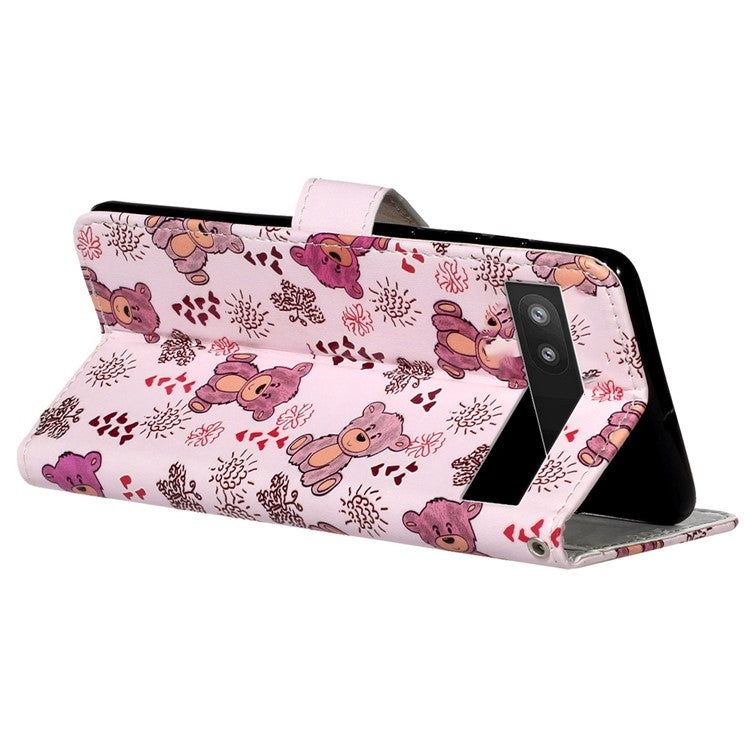 For Google Pixel 7a PU Leather Flip Phone Case Stand Pattern Printing Wallet Cover with Strap - Bear