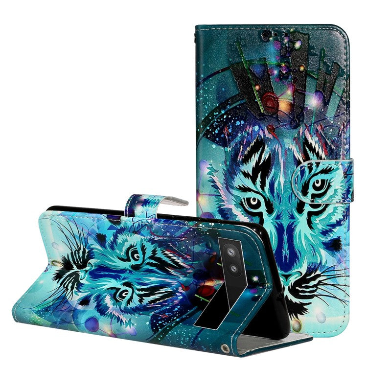 For Google Pixel 7a PU Leather Flip Phone Case Stand Pattern Printing Wallet Cover with Strap - Wolf