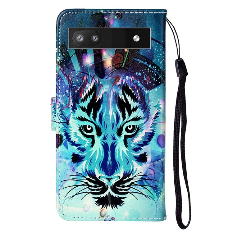 For Google Pixel 7a PU Leather Flip Phone Case Stand Pattern Printing Wallet Cover with Strap - Wolf