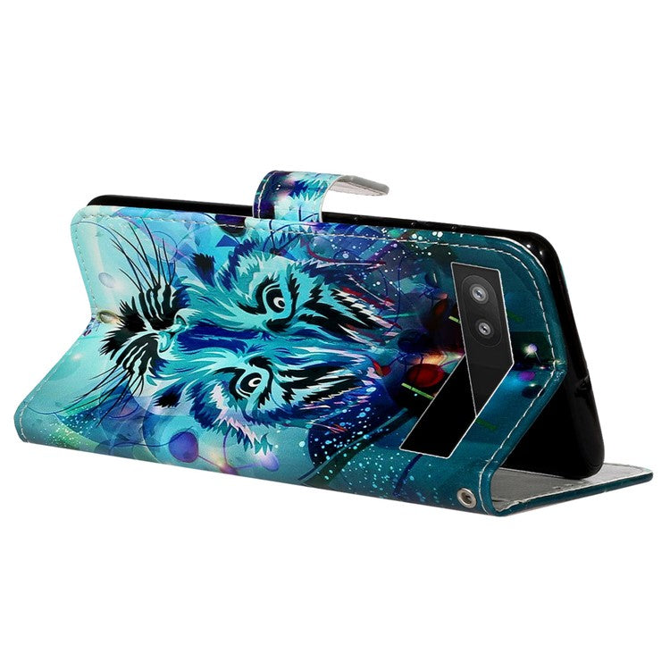 For Google Pixel 7a PU Leather Flip Phone Case Stand Pattern Printing Wallet Cover with Strap - Wolf