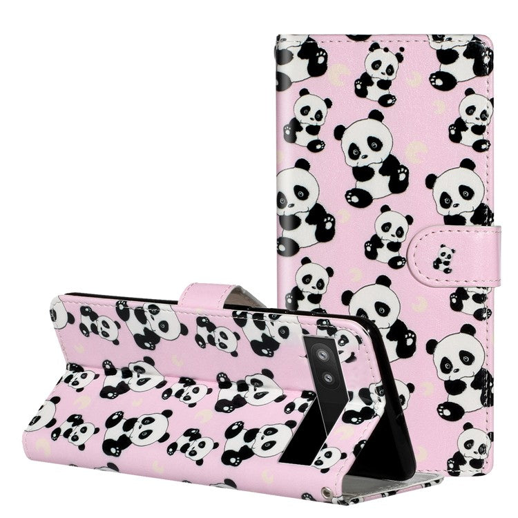 For Google Pixel 7a PU Leather Flip Phone Case Stand Pattern Printing Wallet Cover with Strap - Panda