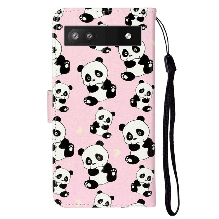 For Google Pixel 7a PU Leather Flip Phone Case Stand Pattern Printing Wallet Cover with Strap - Panda