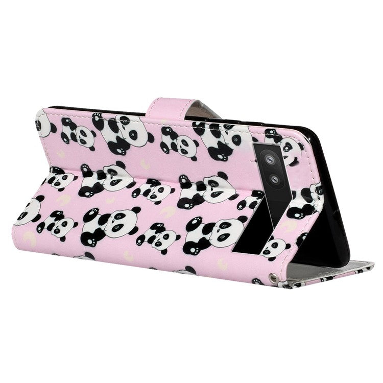 For Google Pixel 7a PU Leather Flip Phone Case Stand Pattern Printing Wallet Cover with Strap - Panda