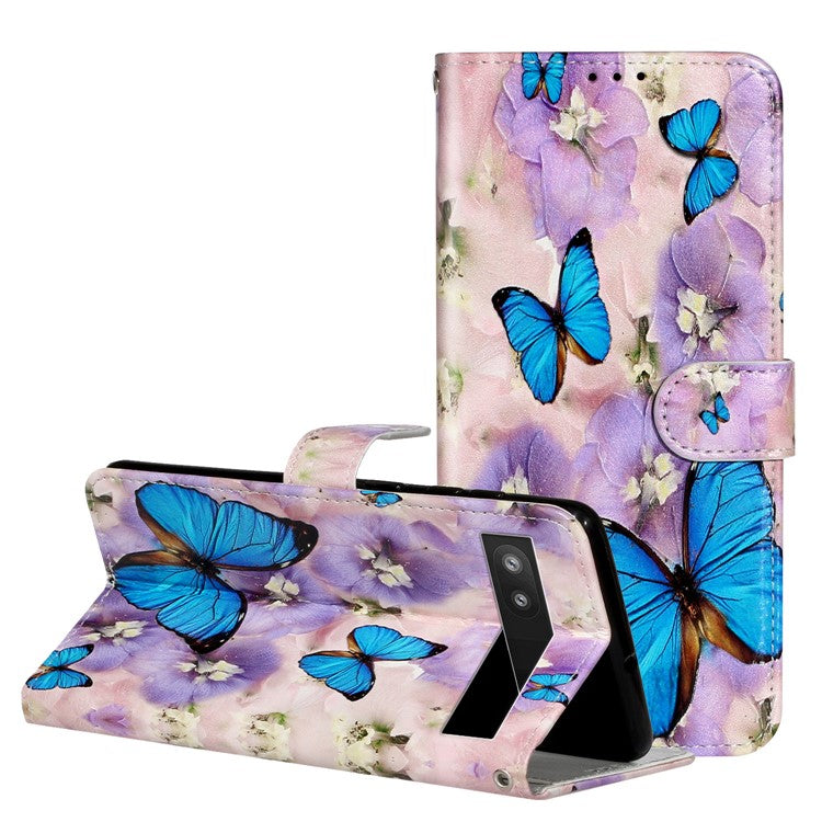 For Google Pixel 7a PU Leather Flip Phone Case Stand Pattern Printing Wallet Cover with Strap - Purple Flower / Blue Butterfly