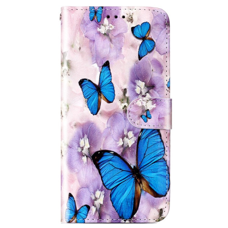 For Google Pixel 7a PU Leather Flip Phone Case Stand Pattern Printing Wallet Cover with Strap - Purple Flower / Blue Butterfly