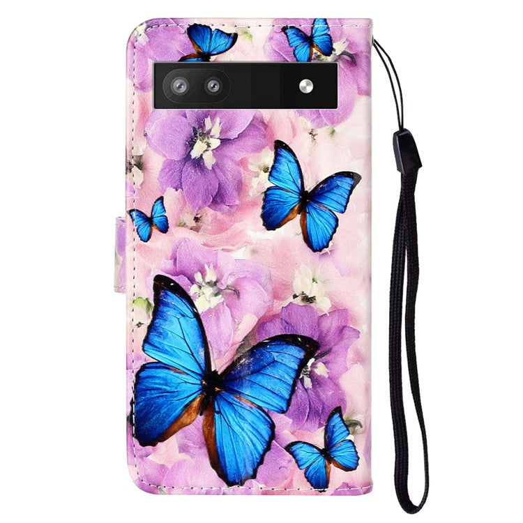 For Google Pixel 7a PU Leather Flip Phone Case Stand Pattern Printing Wallet Cover with Strap - Purple Flower / Blue Butterfly