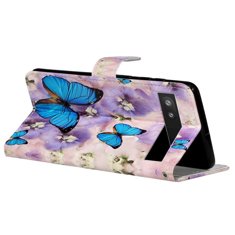 For Google Pixel 7a PU Leather Flip Phone Case Stand Pattern Printing Wallet Cover with Strap - Purple Flower / Blue Butterfly