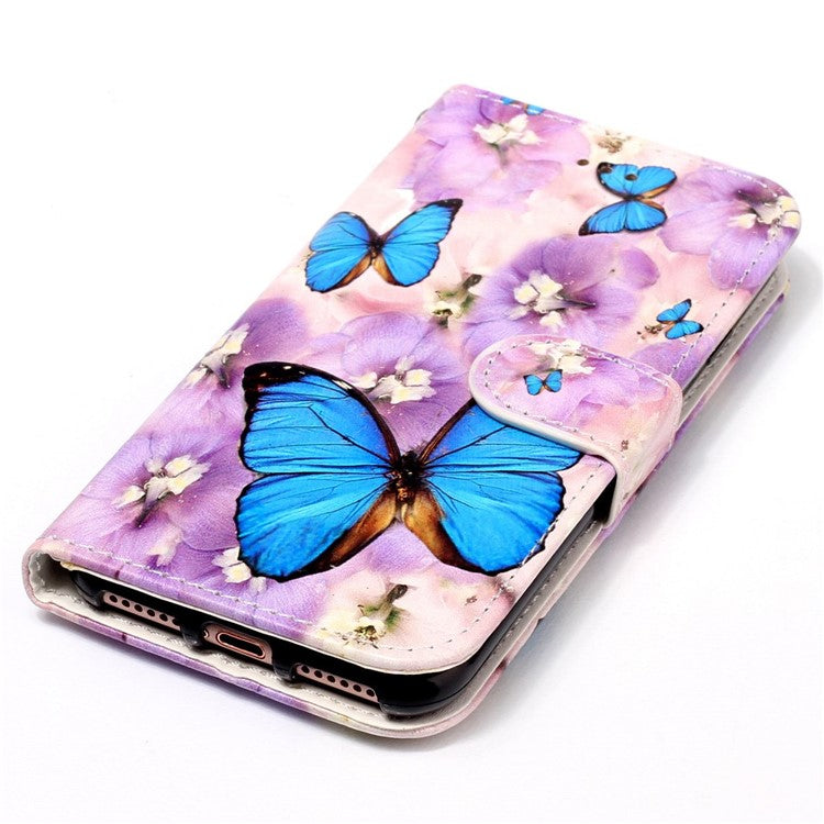 For Google Pixel 7a PU Leather Flip Phone Case Stand Pattern Printing Wallet Cover with Strap - Purple Flower / Blue Butterfly