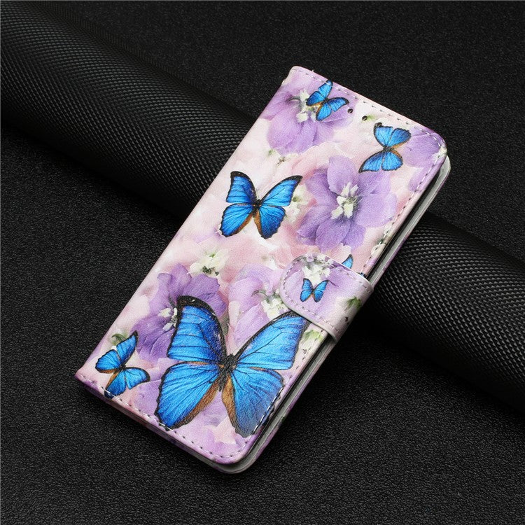 For Google Pixel 7a PU Leather Flip Phone Case Stand Pattern Printing Wallet Cover with Strap - Purple Flower / Blue Butterfly