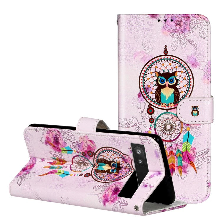 For Google Pixel 7a PU Leather Flip Phone Case Stand Pattern Printing Wallet Cover with Strap - Owl / Wind Chime