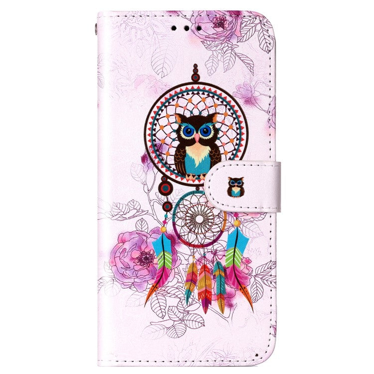 For Google Pixel 7a PU Leather Flip Phone Case Stand Pattern Printing Wallet Cover with Strap - Owl / Wind Chime