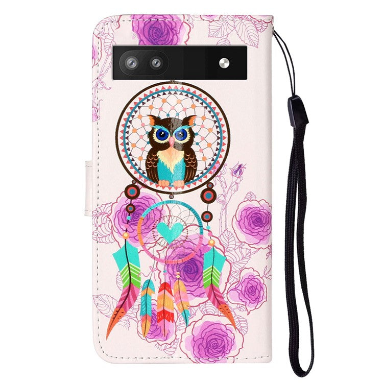 For Google Pixel 7a PU Leather Flip Phone Case Stand Pattern Printing Wallet Cover with Strap - Owl / Wind Chime