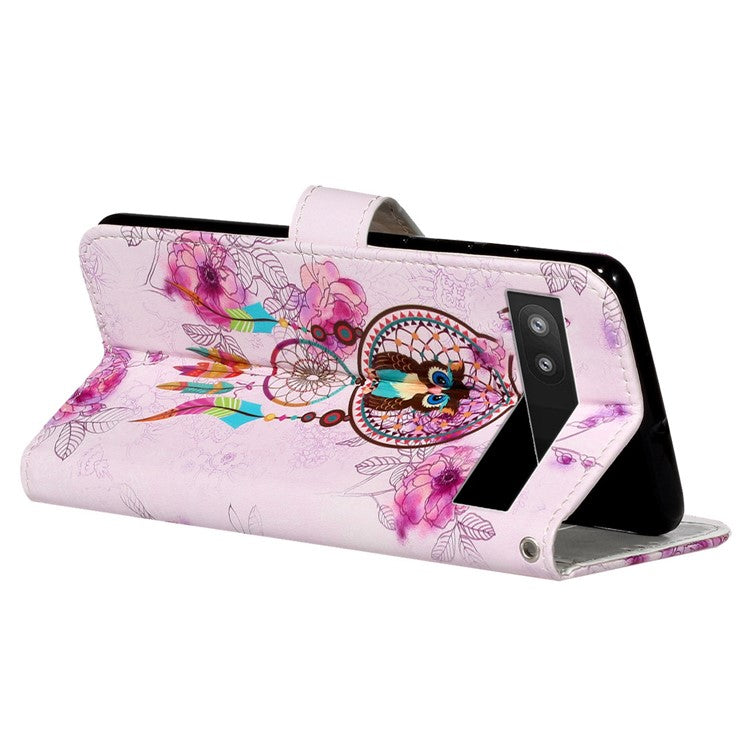 For Google Pixel 7a PU Leather Flip Phone Case Stand Pattern Printing Wallet Cover with Strap - Owl / Wind Chime