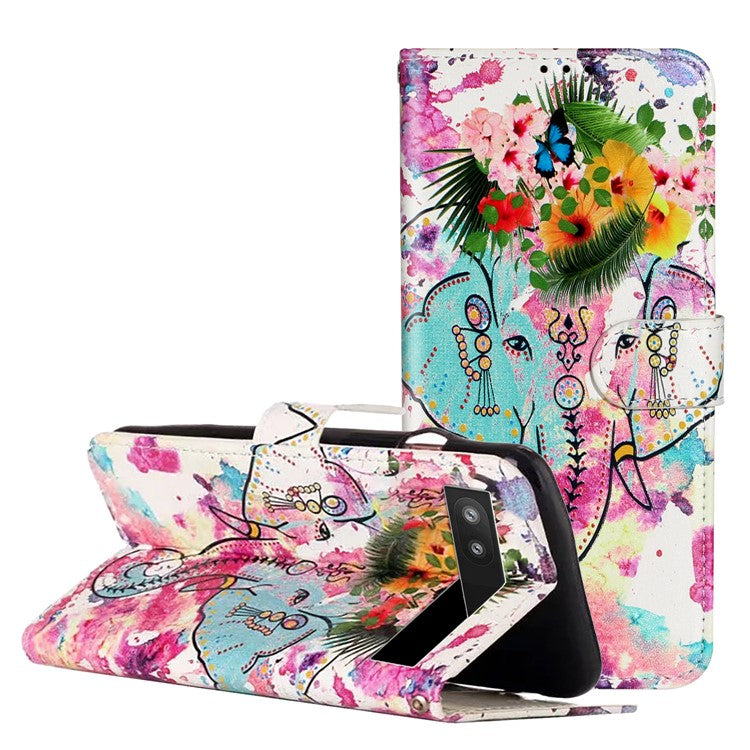 For Google Pixel 7a PU Leather Flip Phone Case Stand Pattern Printing Wallet Cover with Strap - Elephant