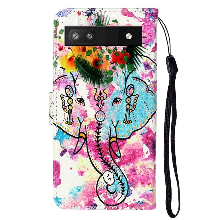 For Google Pixel 7a PU Leather Flip Phone Case Stand Pattern Printing Wallet Cover with Strap - Elephant