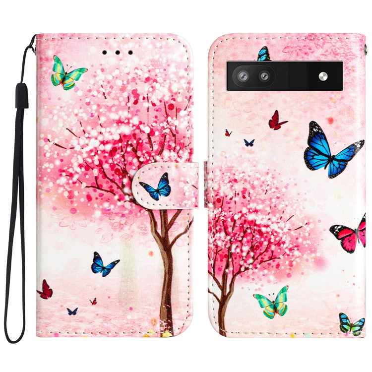 For Google Pixel 6a Pattern Printing Wallet Case PU Leather Stand Flip Protective Cover with Strap - Cherry Blossoms Tree