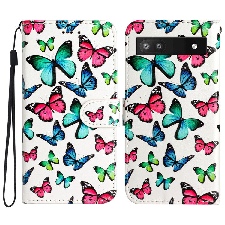 For Google Pixel 7a Wallet Phone Case PU Leather Pattern Printing Stand Phone Cover with Strap - Colorful Butterfly