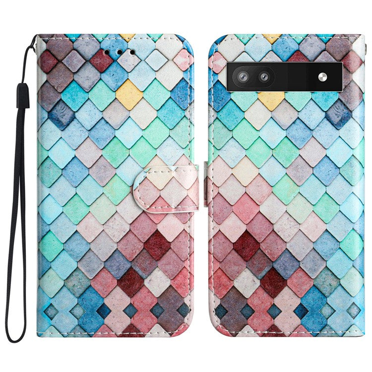 For Google Pixel 7a Wallet Phone Case PU Leather Pattern Printing Stand Phone Cover with Strap - Colorful Grid
