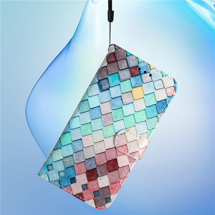 For Google Pixel 7a Wallet Phone Case PU Leather Pattern Printing Stand Phone Cover with Strap - Colorful Grid