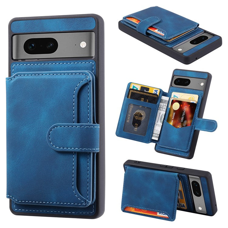 For Google Pixel 6a Leather Coated TPU Phone Case RFID Blocking Wallet Phone Kickstand Cover - Navy Blue