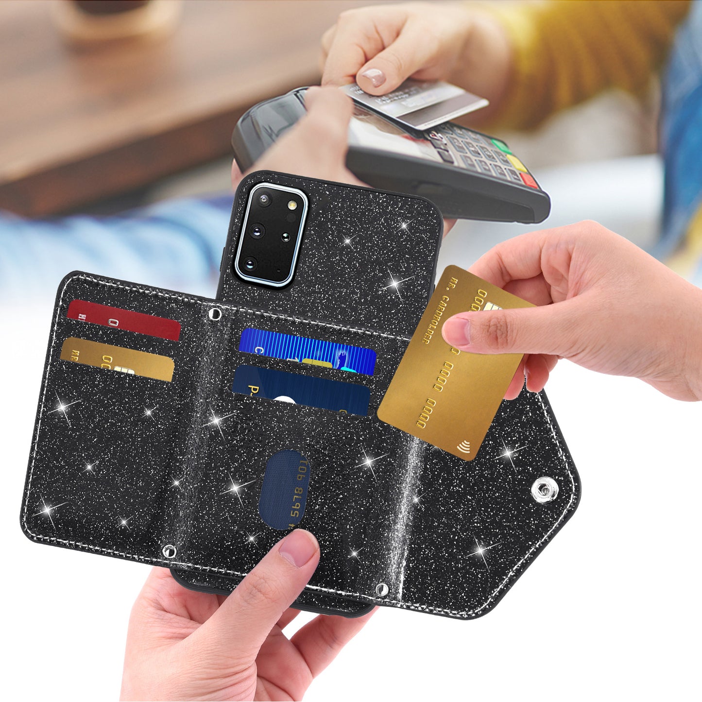 For Samsung Galaxy S20 Plus 4G / 5G Glitter Phone Case Leather Coated TPU Card Holder Cover with Kickstand - Black