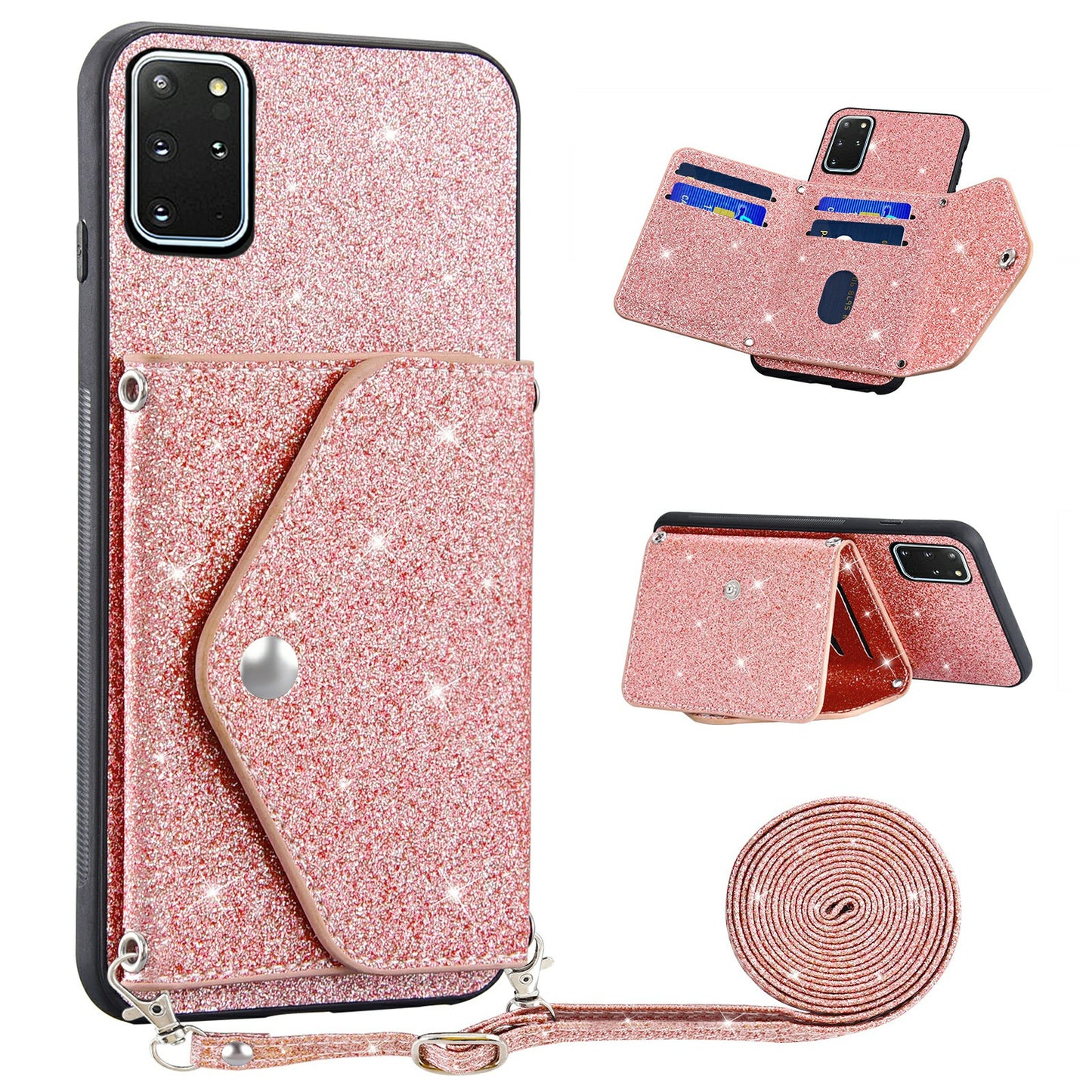 For Samsung Galaxy S20 Plus 4G / 5G Glitter Phone Case Leather Coated TPU Card Holder Cover with Kickstand - Pink