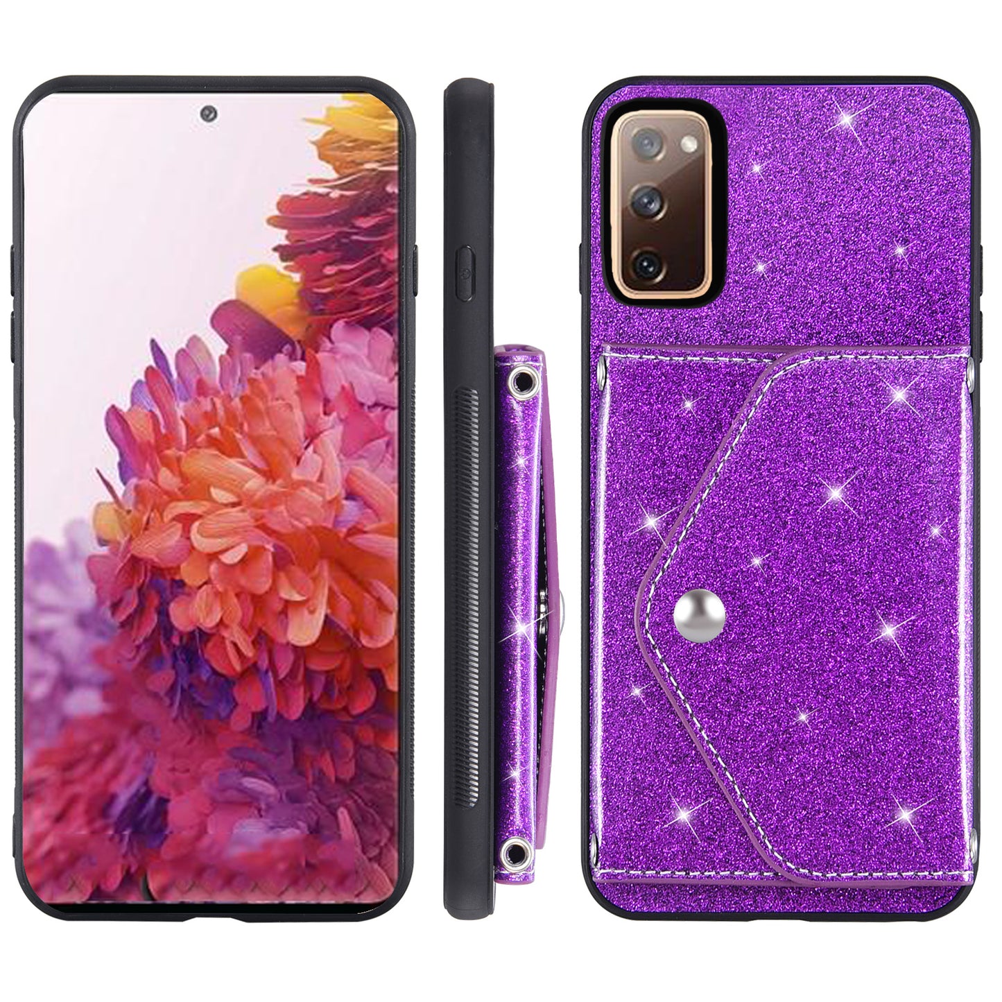 For Samsung Galaxy S20 Lite / S20 FE / S20 FE 5G / S20 FE 2022 Triangle Card Holder Kickstand PU Leather+TPU Phone Cover - Purple